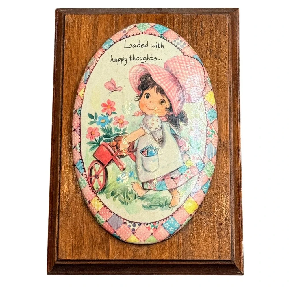 Vintage Holly Hobbie Style Wood Wall Plaque Girl Flowers Pink 8x5.5 Wood 1970s